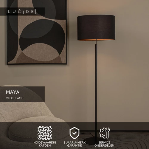 Lucide MAYA - Vloerlamp - Ø 45 cm - 1xE27 - Zwart - USP